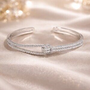 Silver Pave Knot Cuff Bracelet – Stainless Steel Rhinestone Open Bangle New